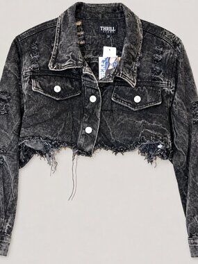 NWT Thrill Jeans 3X Black Acid Wash Distressed Cropped Denim Jacket